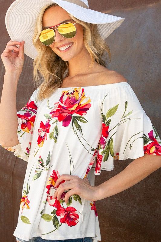 PLUS FLORAL OFF SHOULDER TOPPLUS FLORAL PRINT JERSEY ELASTICIZED OFF SHOULDER TOP- Plus Floral off shoulder top- Elasticized off shoulder neckline- Ruffle short sleeves- Loose fit- Allover flor