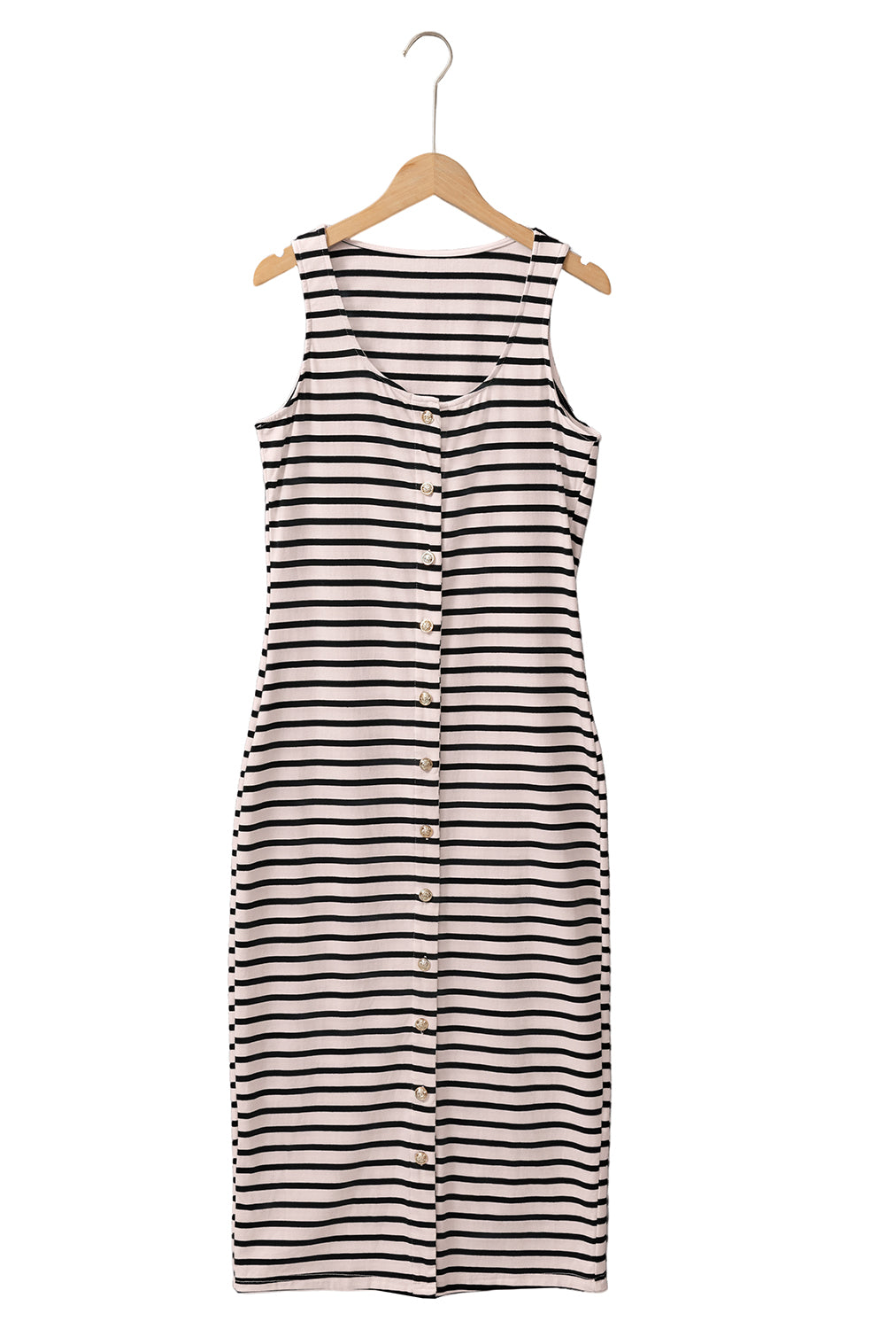 White Stripe Sleeveless Button Front Midi DressMaterial:95%Cotton+5%Elastane

• Effortlessly chic, this sleeveless midi dress features a classic white stripe pattern, perfect for a casual day out or a brunch wit