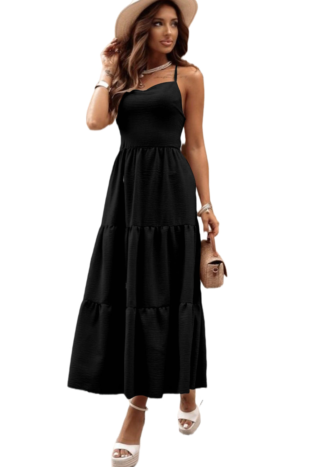 Black Crossover Backless Bodice Tiered Maxi DressMaterial:100%Polyester

• Exude elegance in this dress, featuring a striking square collar that adds a modern touch to the classic black hue.
• Embrace a chic and 