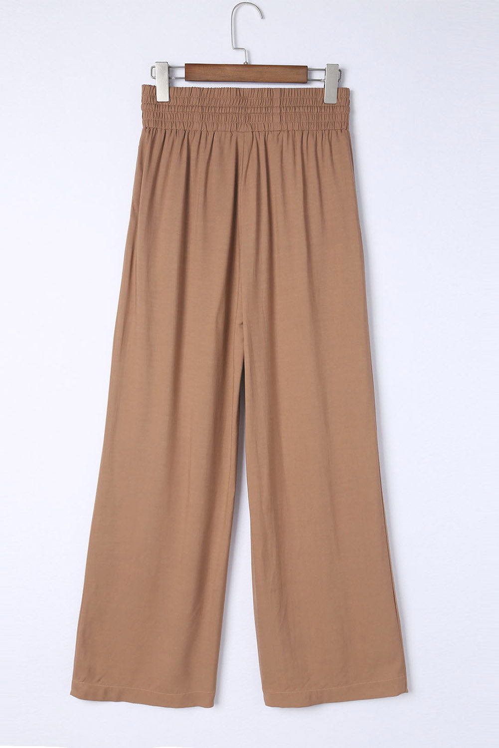 Blue Casual Drawstring Shirred Elastic Waist Wide Leg PantsMaterial:65%Viscose+35%Polyester



		These wide leg pants
are casual and comfy with a loose fit style
	
	
		The smocked waist
design is fashionable and very 