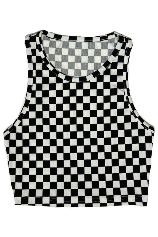 Cropped printed rib knit tank*Exclusive In-House Design*-Checkered print-Cropped-Rib knitMade In: China