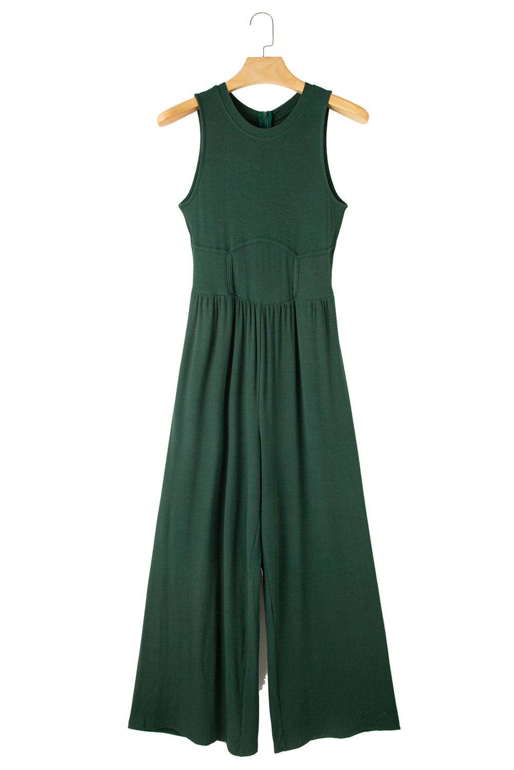 Blackish Green Sleeveless High Waist Wide Leg JumpsuitMaterial:93%Viscose+7%Elastane



		The jumpsuit features a sleeveless design, meaning it does not have sleeves and exposes the arms. 
	
	
		The jumpsuit has a 