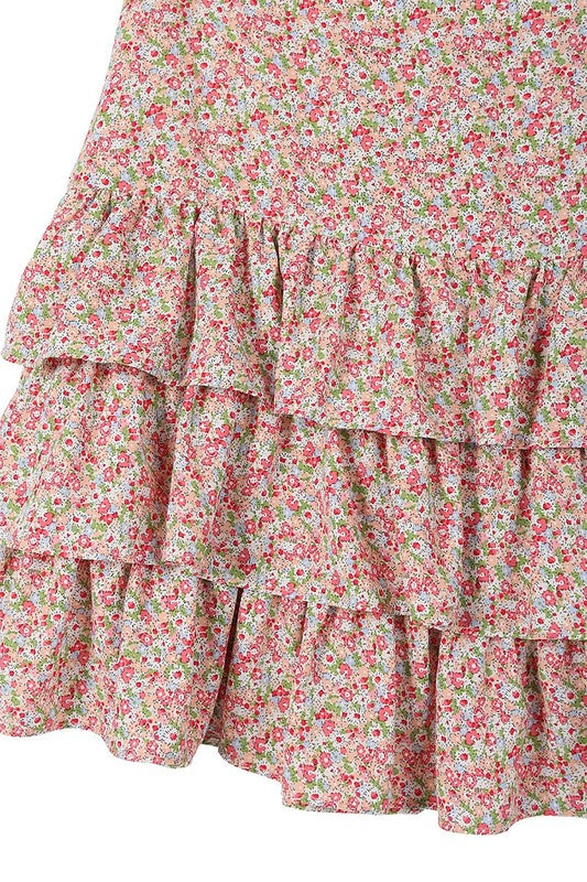 Tierd floral skirt - bottom*Multi pink floral shirred waist layered ruffle hem skirt*Pattern type : floral print*Stretch : no stretch*Sheer : not lined, but not sheer*Care instruction : machin