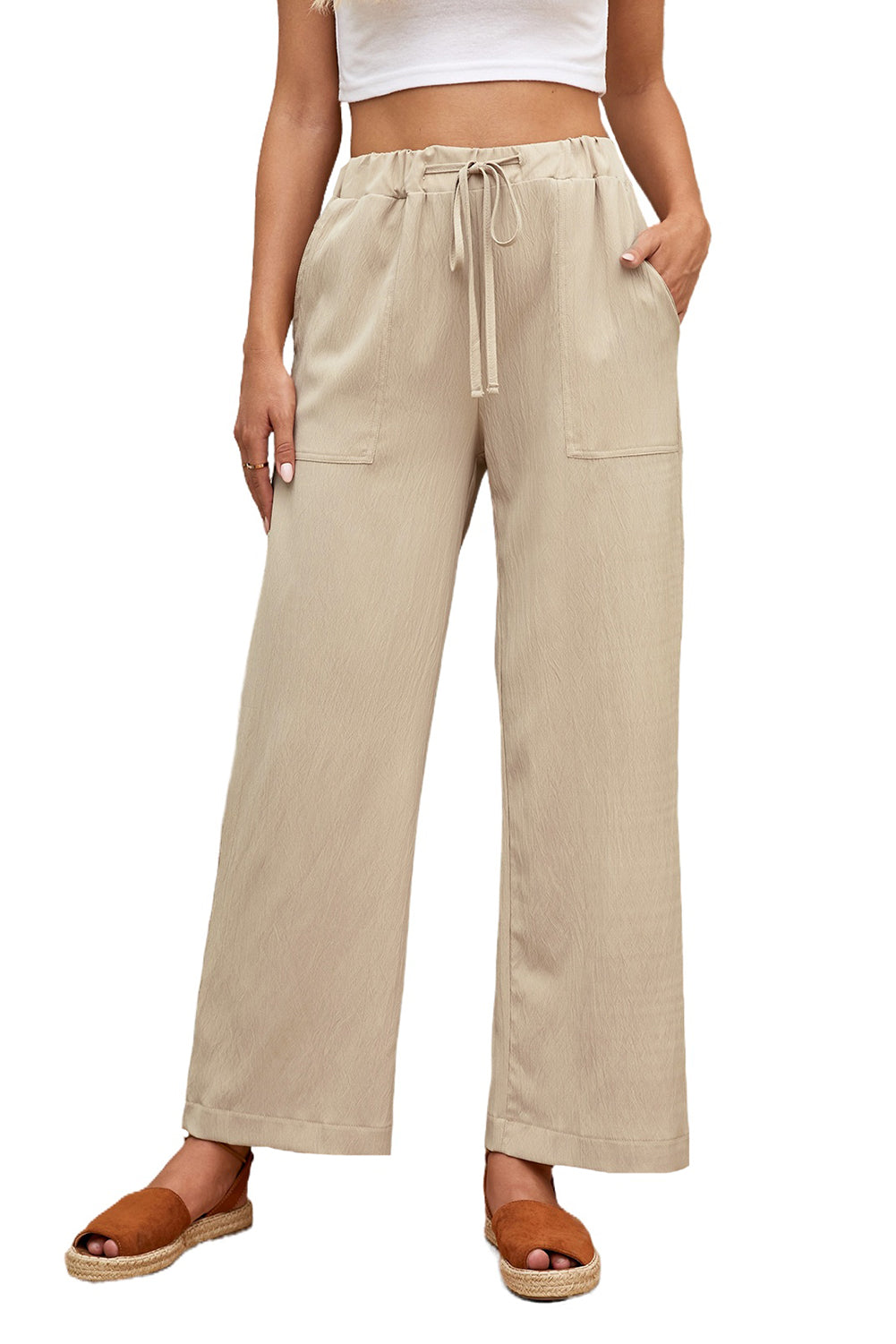 Khaki Drawstring Waist Crinkled Wide Leg PantsMaterial:100%Polyester



		Solid color pants are classic and chic, a must-have in girl's and woman's wardrobe
	
	
		You can wear the wide-leg pants for a laid 