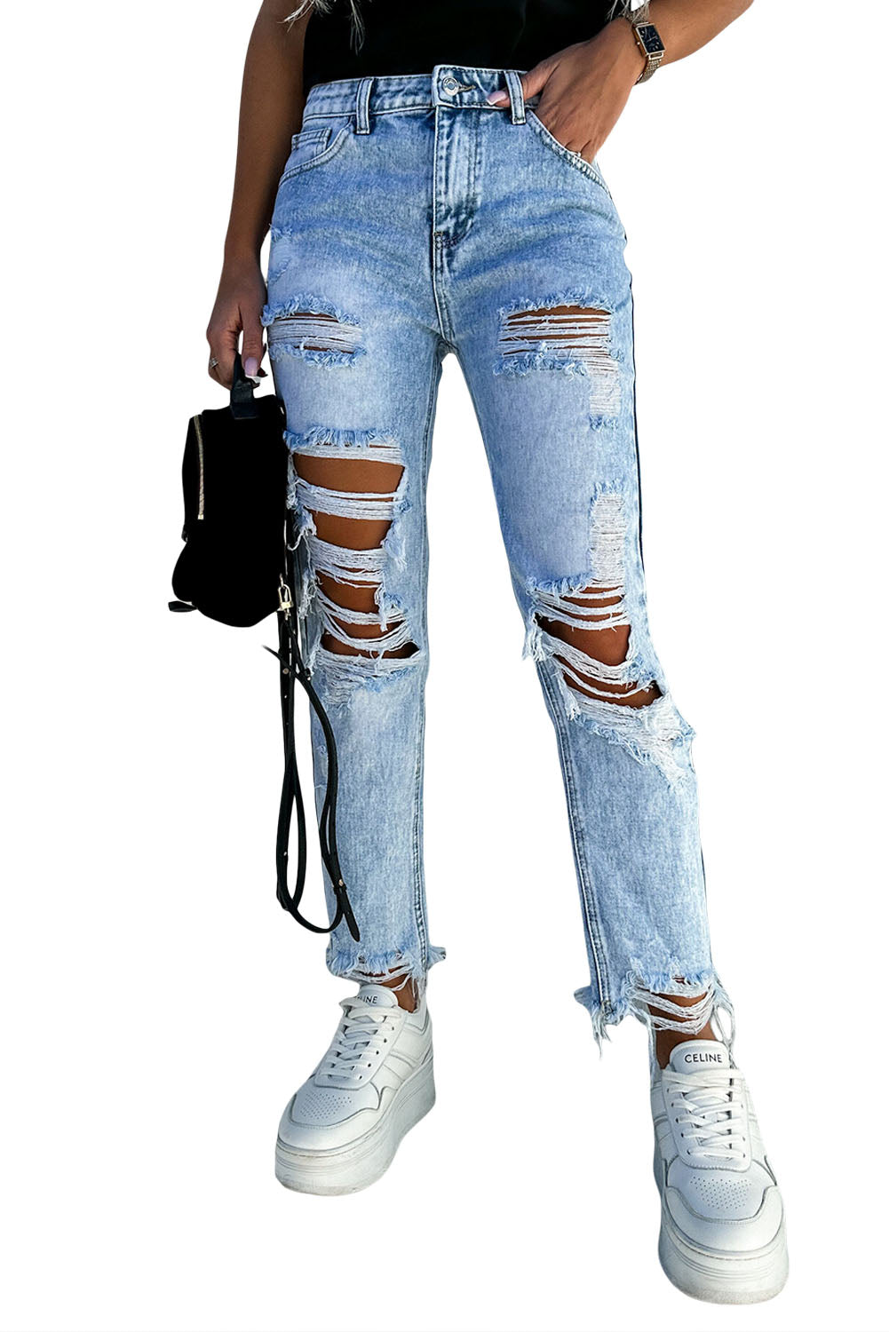 Sky Blue Acid Wash Distressed Slim Fit JeansMaterial:65%cotton+33%polyester+2%Elastane



		Elevate your fashion game with these retro and fashion-forward acid wash jeans. 
	
	
		Their edge distressed des