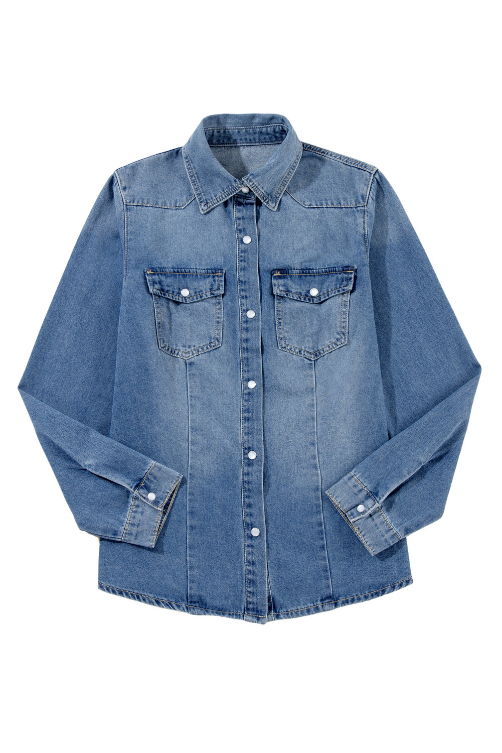 Dusk Blue Flap Pockets Slim Buttoned Denim Shirt