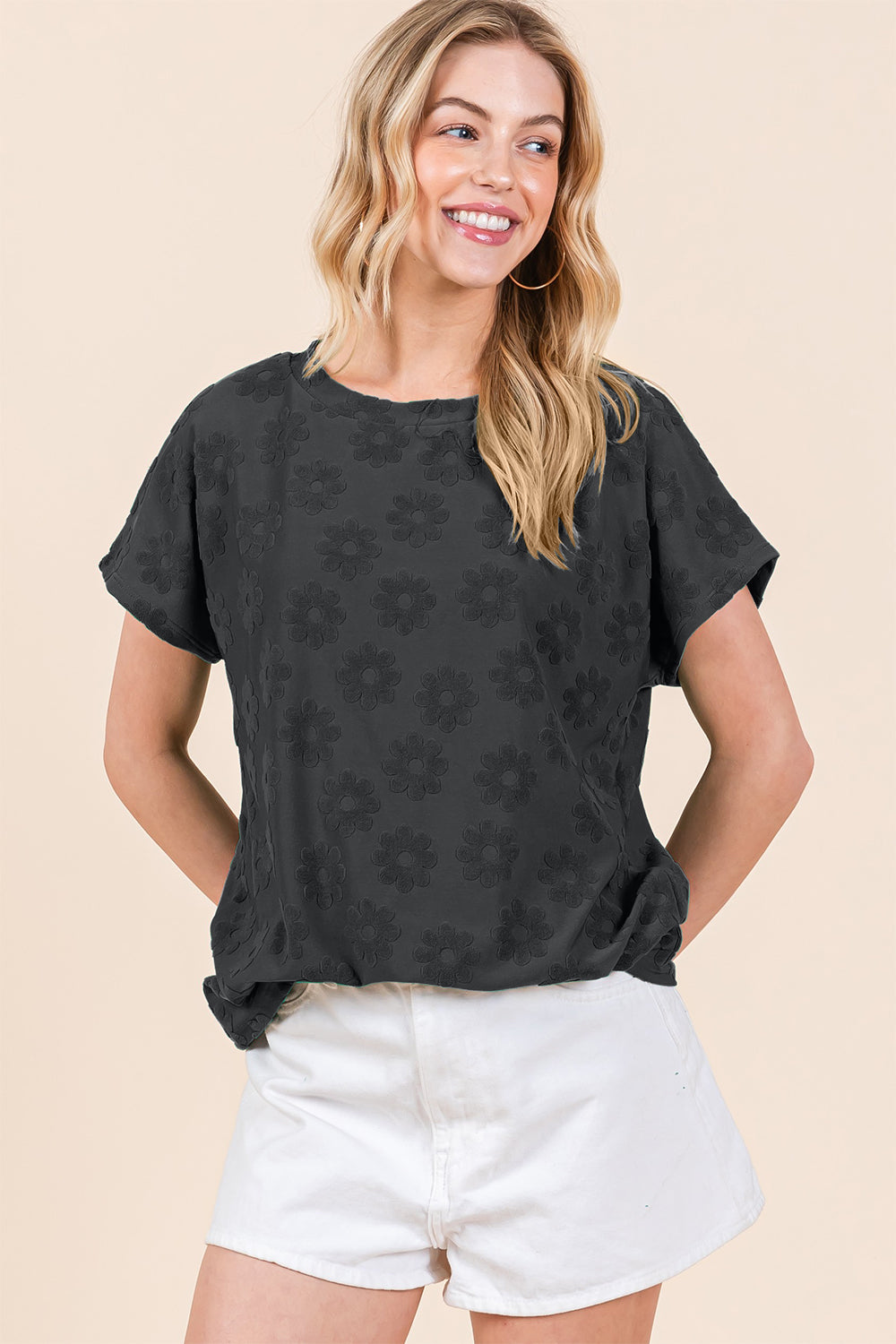 BOMBOM Textured Floral Pattern Short Sleeve T-ShirtThe Textured Floral Pattern Short Sleeve T-Shirt is a lovely and versatile addition to your casual wardrobe. The delicate floral pattern adds a touch of femininity t