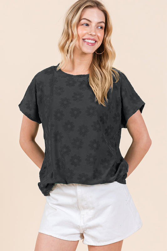 BOMBOM Textured Floral Pattern Short Sleeve T-ShirtThe Textured Floral Pattern Short Sleeve T-Shirt is a lovely and versatile addition to your casual wardrobe. The delicate floral pattern adds a touch of femininity t