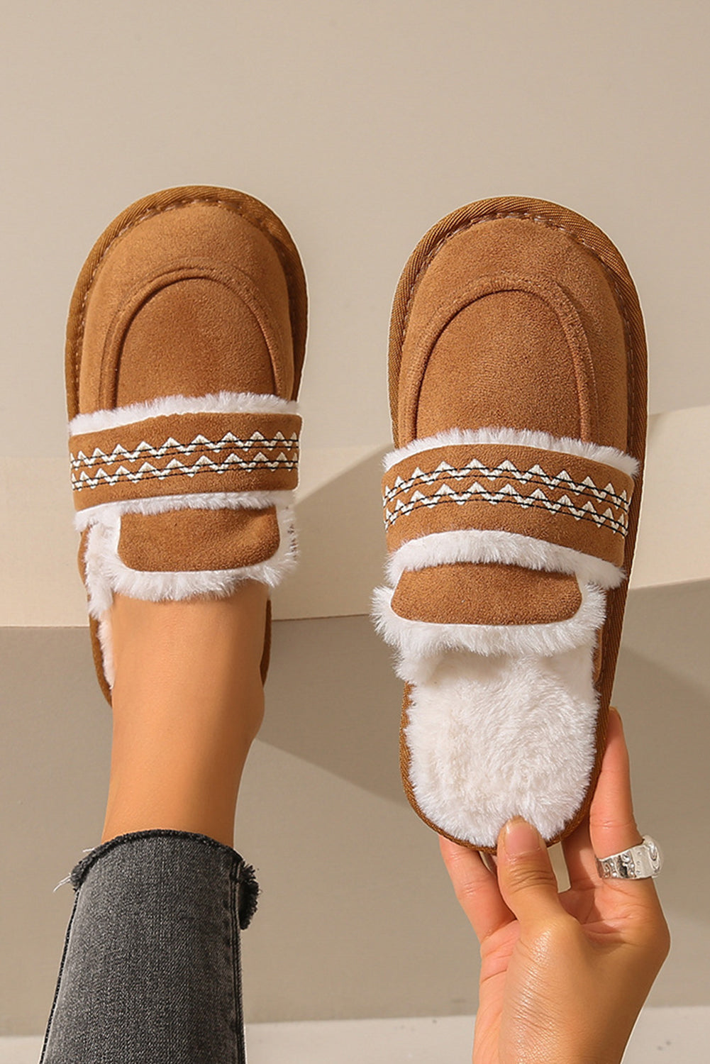 Chestnut Suede Wavy Striped Plush Lined Home SlippersThe plush lining ensures ultimate comfort and warmth during chilly evenings.
	
	
		Slip-on style for convenience and ease of wear, perfect for lounging around the