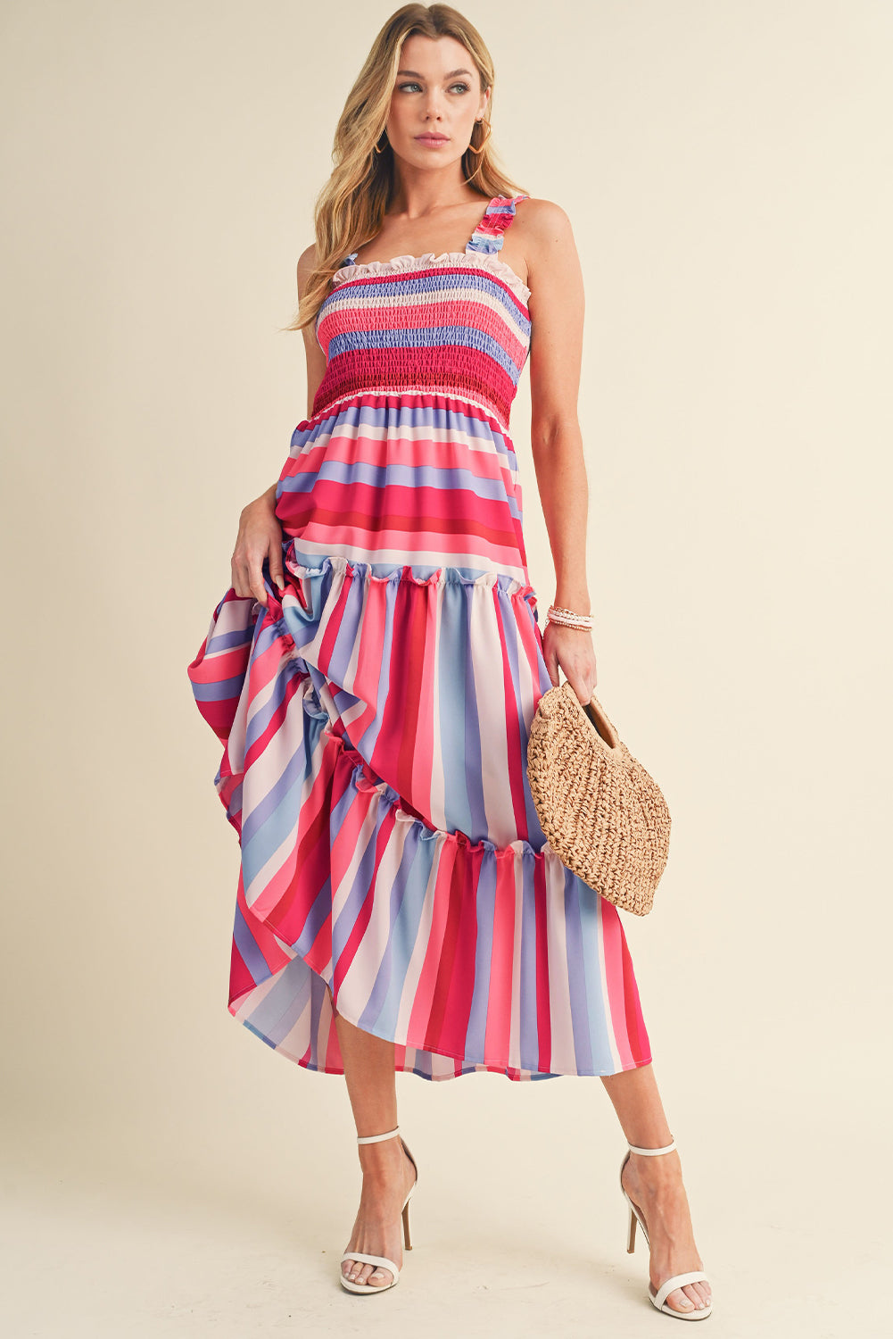 Red Stripe Ruffled Straps Smocked Tiered Midi DressMaterial:100%Polyester



		Embrace the timeless charm of the multicolor stripes pattern, making this long dress a classic and popular choice.
	
	
		Achieve a p