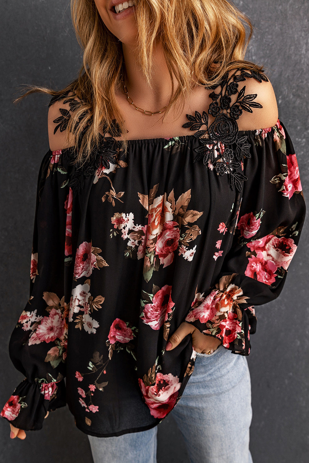 Black Floral Print Lace Loose Off Shoulder BlouseMaterial:100%Polyester



		The cold shoulder
design makes this blouse much sexier than you think
	
	
		The sleekness and
silkiness touch gives endless comfor