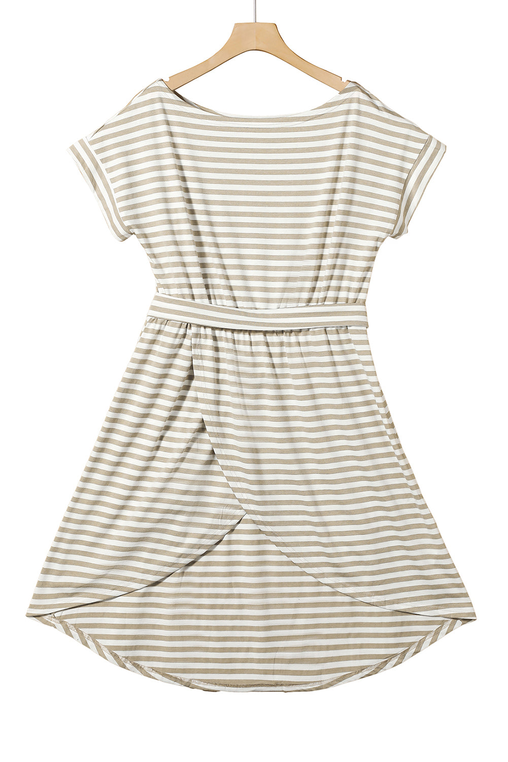 Khaki Stripe Belted Wrapped Hemline T Shirt Midi DressMaterial:50%Polyester+50%Cotton



		If you're looking for a casual wear t-shirt dress, look no further than this
	
	
		The classic two-tone striped pattern is 