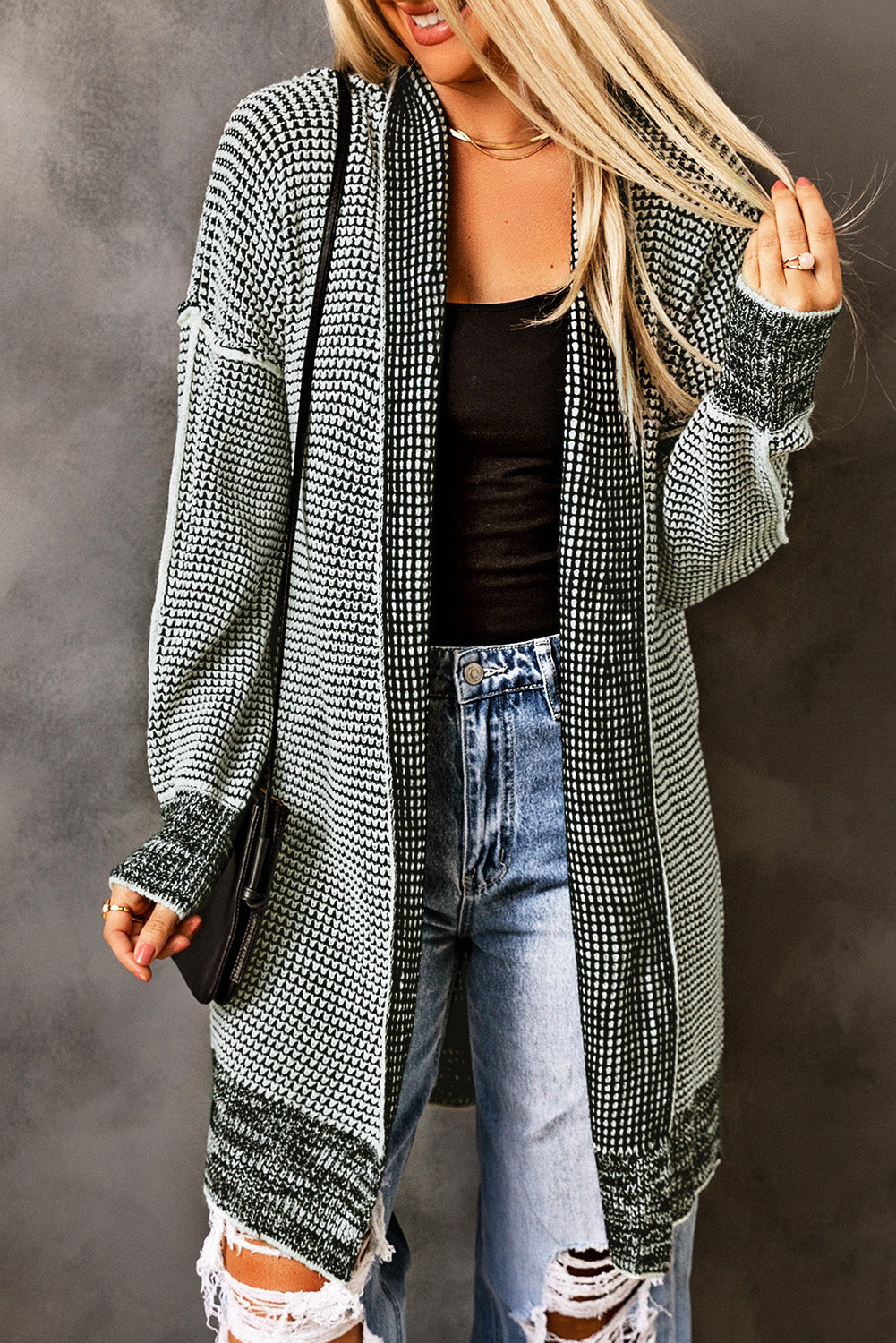 Grey Plaid Contrast Trim Casual Knit Cardigan