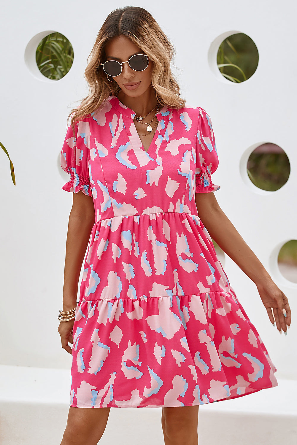 Pink Abstract Print V Neck Smocked Sleeve Mini DressMaterial:100%Polyester


	


		Stand out in style with our mini dress, featuring a unique print and flattering silhouette that exudes charm and sophistication.
