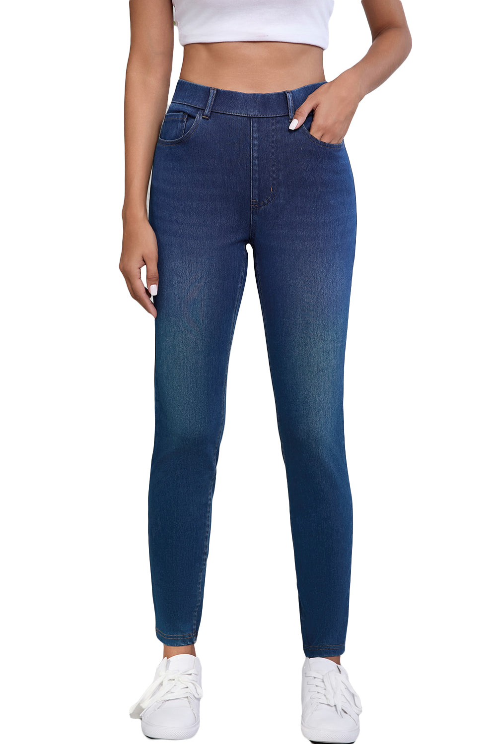 Ashleigh Blue Multiple Pockets Straight Leg Washed Stretchy Knit JeansMaterial:47%Polyester+42%Cotton+11%Elastane



		These chambray pants are full of elasticity and very comfy.
	
	
		Straight leg design for a classic look.
	
	