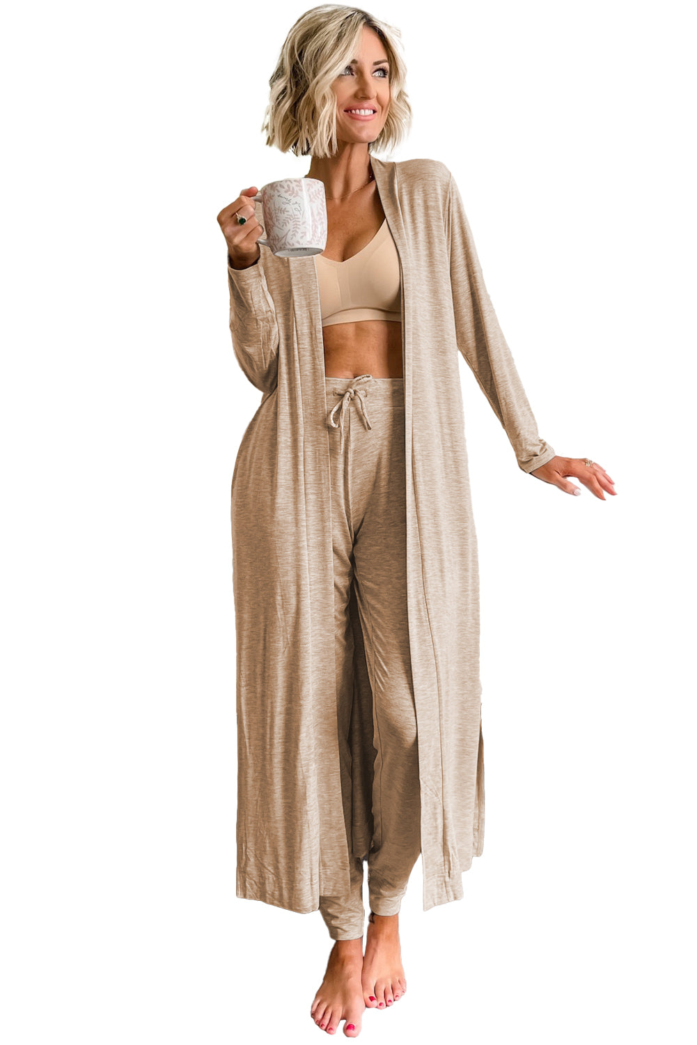 Parchment Split Long Cardigan and Skinny Pants Loungewear Set