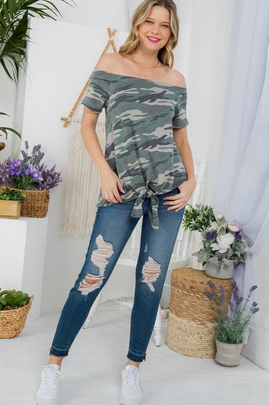 CAMOUFLAGE OFFSHOULDER TOP- Camouflage print terry offshoulder top- Short sleeves- Front tie bottom loose fit- Allover camouflage print french terry- Model in olive is 5' 9" 34-24-35 and wear