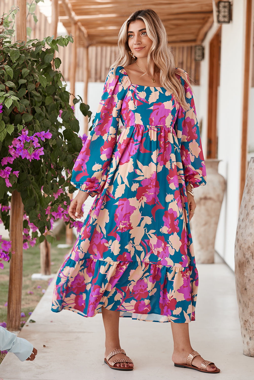 Multicolor Boho Floral Print Square Neck Ruffle Midi DressMaterial:100%Polyester



		This puff-sleeve dress brings a touch of vintage charm and whimsy
	
	
		Embrace the beauty of nature with the captivating floral pri