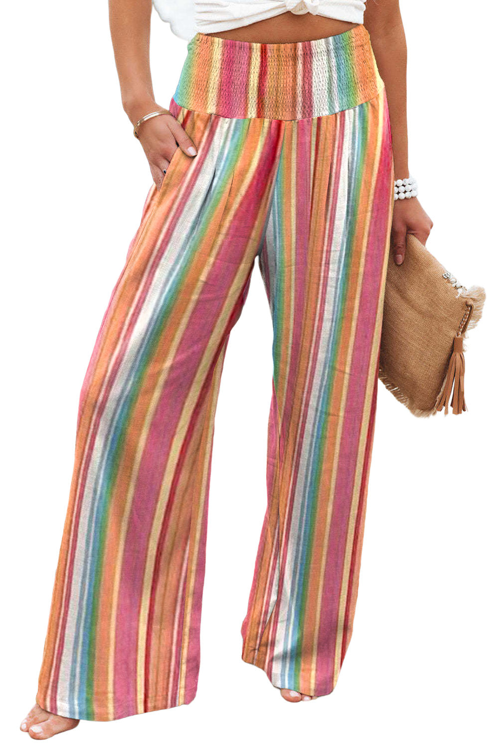 Multicolor Striped Smocked High Waisted Wide Leg Beach PantsMaterial:100%Polyester



		Made of lightweight and breathable fabric perfect for the beach or summer days.
	
	
		Features a smocked high waist design for a fla