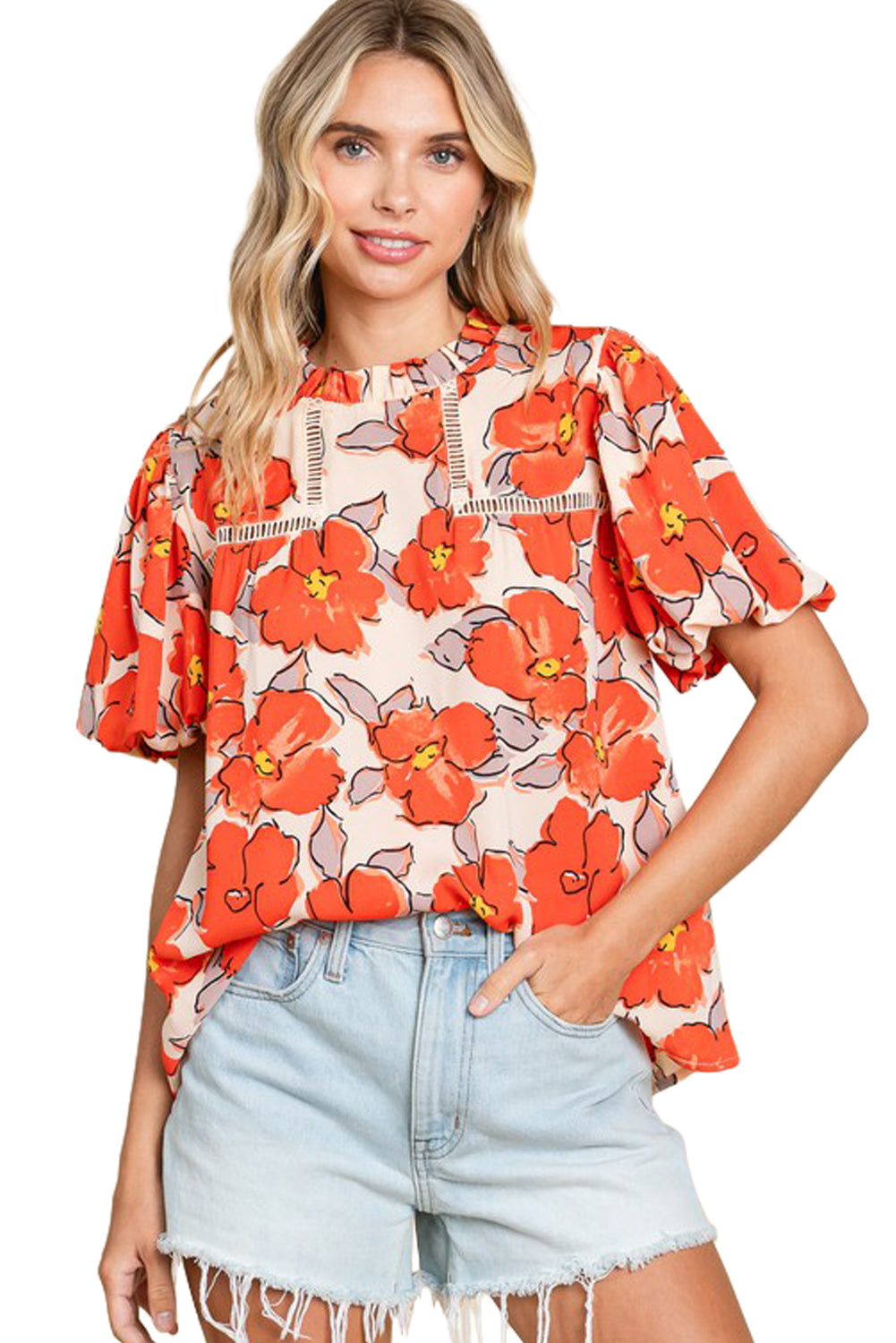 Orange Boho Floral Bubble Sleeve Frill Neck BlouseMaterial:100%Polyester



		The blouse features a beautiful floral print, adding a touch of nature and vibrancy to your outfit. 
	
	
		The bubble sleeves create