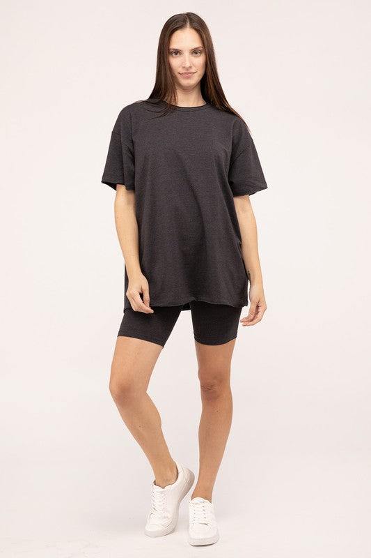 Cotton Round Neck Top & Biker Shorts SetThe Cotton Round Neck Top &amp; Biker Shorts Set is a stylish and versatile ensemble perfect for casual days or active wear. The top features a classic round necklin