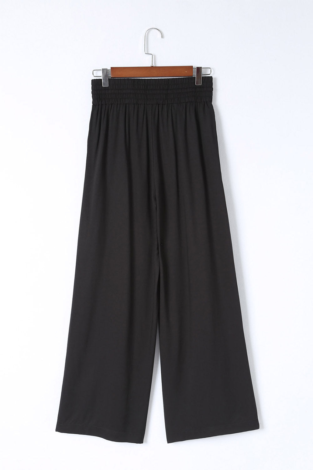 Blue Casual Drawstring Shirred Elastic Waist Wide Leg PantsMaterial:65%Viscose+35%Polyester



		These wide leg pants
are casual and comfy with a loose fit style
	
	
		The smocked waist
design is fashionable and very 