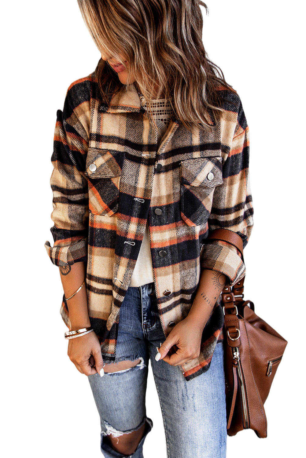 Khaki Plaid Print Casual Button Up Pocket ShacketMaterial:100%Polyester



		Sweet yet rugged plaid details adorn this cozy shirt
	
	
		Designed with a button front, long sleeves, large front pockets &amp; an 