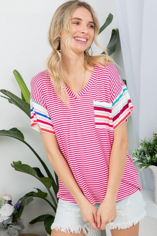 MULTI STRIPE BOXY TOP- Multi stripe boxy top- Pullover short sleeves- V neck chest pocket- Multi stripe jersey - Model is 5' 8" 34-24-34 and wearing a Small- S/M/L 2-2-2- 95% RAYON, 5% S