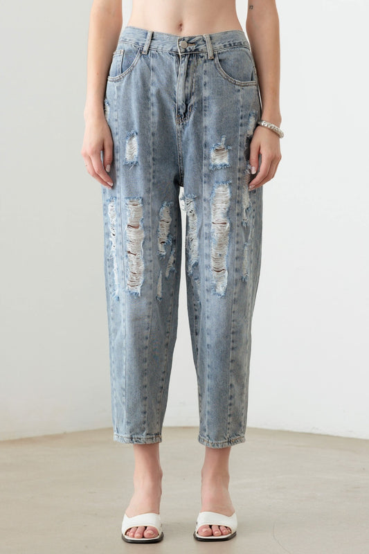 Litz La Washed Barrel Leg High Waist Distressed JeansThe Washed Barrel Leg High Waist Distressed Jeans are a unique and stylish choice for the fashion-forward individual. Featuring a trendy barrel leg cut and high wais