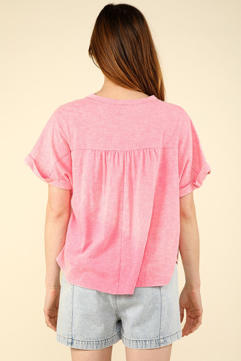 VERY J Nochted Short Sleeve Washed T-ShirtThe Notched Washed Knit Top features a stylish washed knit fabric for a laid-back yet trendy look. The short folded sleeves add a casual touch to the top, perfect fo