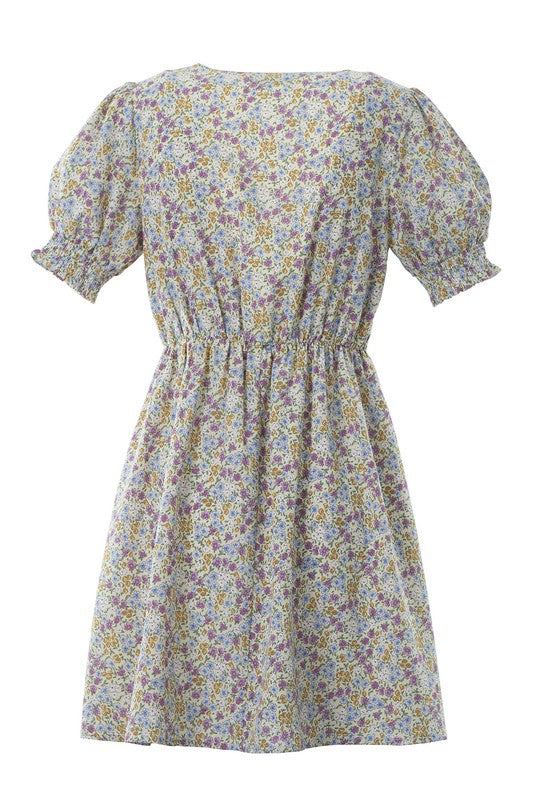 Floral V neck dress- Floral V neck dress- Pattern type : floral print - Neck line : V neck- Sleeve type : puff sleeves- Sleeve length : short sleeves- Stretch : no stretch- Sheer : lin