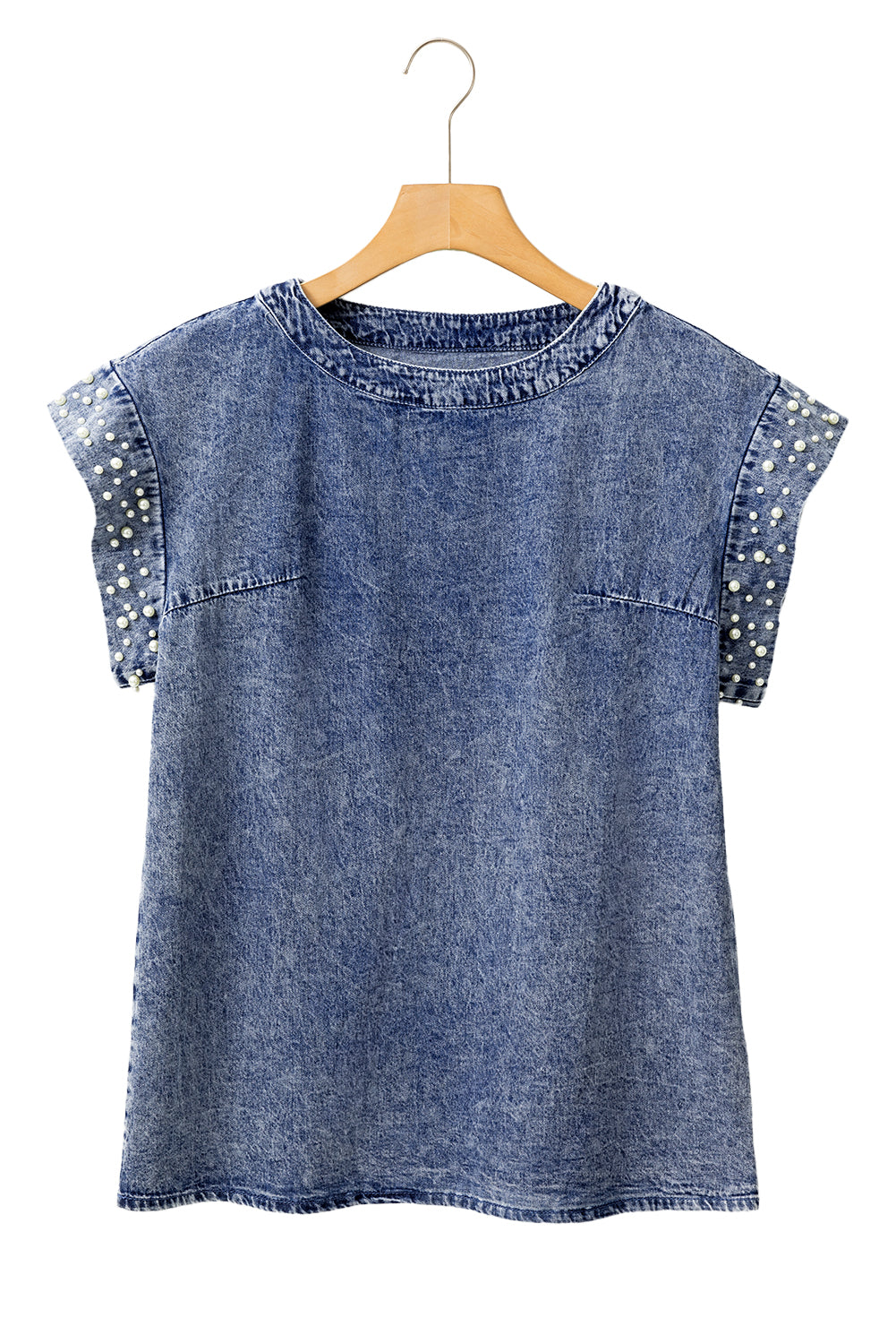 Dusk Blue Acid Wash Pearl Embellishment O Neck Denim TopMaterial:100%Cotton



		The top features a trendy acid wash design with pearl embellishments, adding a touch of sophistication to your outfit.
	
	
		This denim