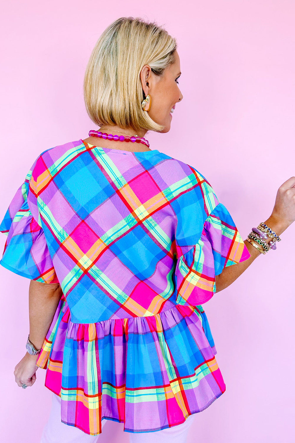 Sky Blue Colorful Plaid V Neck Ruffled Babydoll BlouseMaterial:100%Polyester



		This plaid blouse is vibrant and attention-getting
	
	
		The babydoll design is very graceful and loved by customers
	
	
		Sexy v