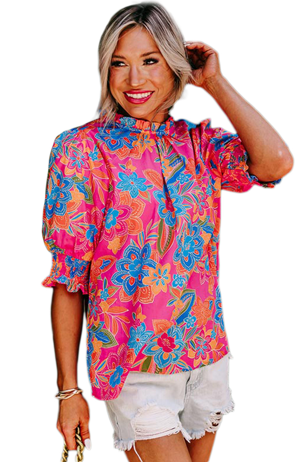 Rose Frill Neck Puff Sleeve Boho Floral BlouseMaterial:97%Polyester+3%Elastane



		The blouse features a charming bohemian floral print, adding a touch of femininity and boho flair to your outfit.
	
	
		Wi