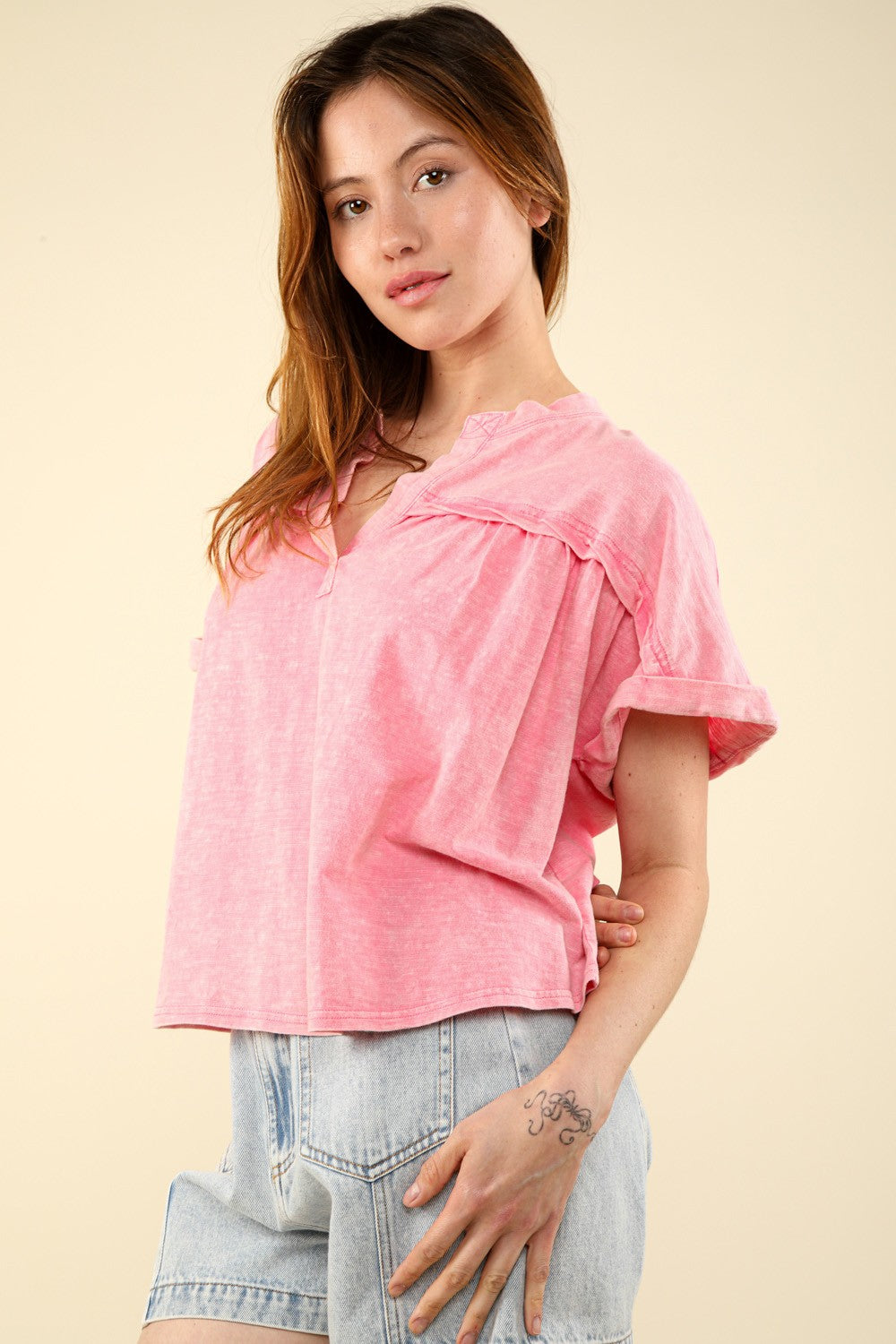 VERY J Nochted Short Sleeve Washed T-ShirtThe Notched Washed Knit Top features a stylish washed knit fabric for a laid-back yet trendy look. The short folded sleeves add a casual touch to the top, perfect fo