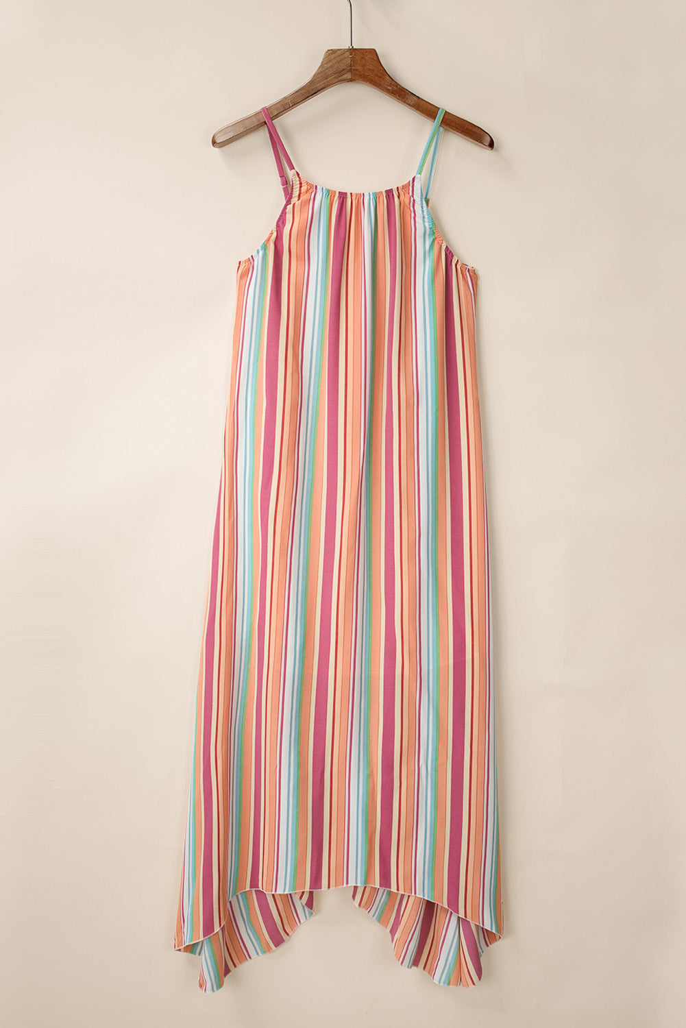 Bohemian Striped Colorblock Spaghetti Strap Sleeveless Maxi DressMaterial:100%Polyester



		•Bold and eye-catching vertical stripes add a trendy touch.
	
	
		•Sleeveless design keeps you cool on hot days.
	
	
		•Boho styl