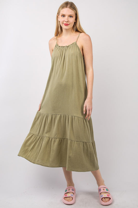 VERY J Ruffled A-Line Midi Cami DressYou have a versatile and comfortable Comfy Cotton Gauze A-Line Midi Dress that is perfect for summer with its cool comfort and sleeveless design. The side pockets ad