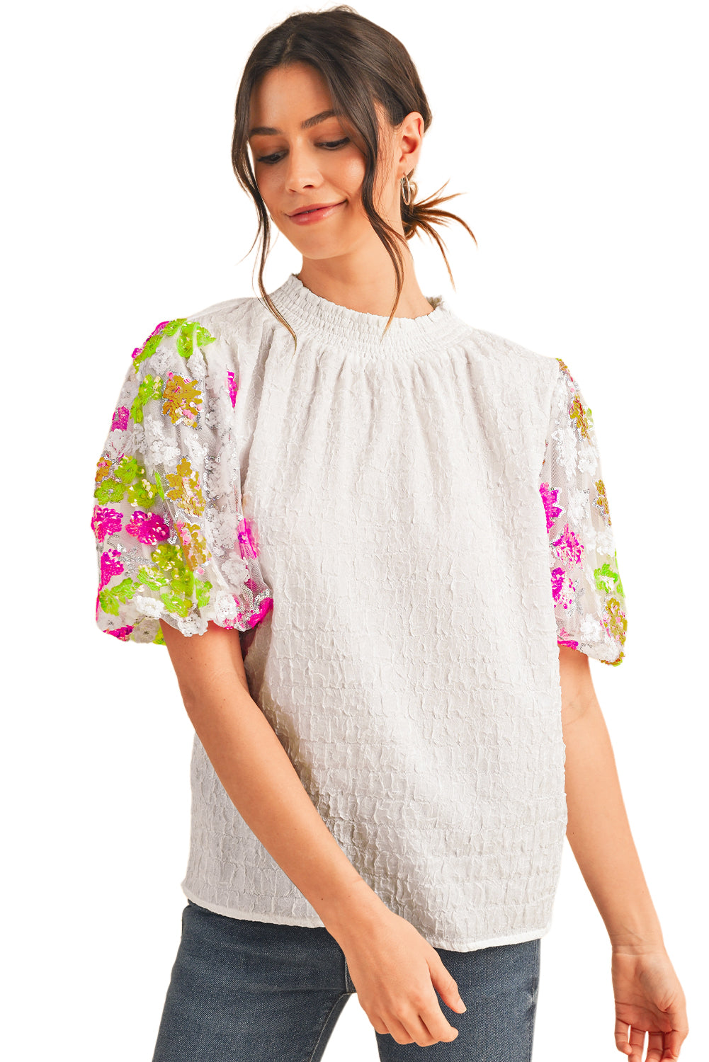 White Smocked Neck Sequin Flower Puff Sleeve Textured TopMaterial:100%Polyester



		The Top features a smocked neckline and sequin flower embellishments for a feminine and glamorous look.
	
	
		With its puff sleeves,