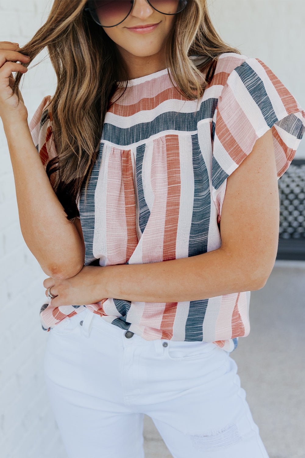 Pink and Blue Stripes Shirt Flutter Sleeve V Neck BlouseMaterial:100%Polyester


	•This simple striped print top looks very stylish and casual, and you'll get a lot of compliments wearing it 


	•Drawstring neckline 