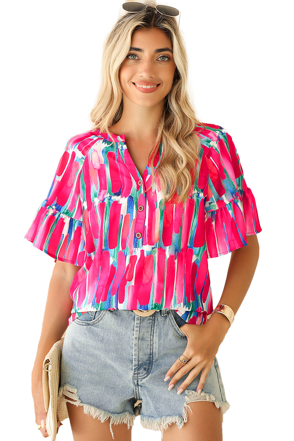 Rose Abstract Brushwork Print Buttoned V Neck BlouseMaterial:100%Polyester



		The abstract brushwork print on this blouse adds a chic and unique touch, making it stand out in style. 
	
	
		Crafted from lightwei