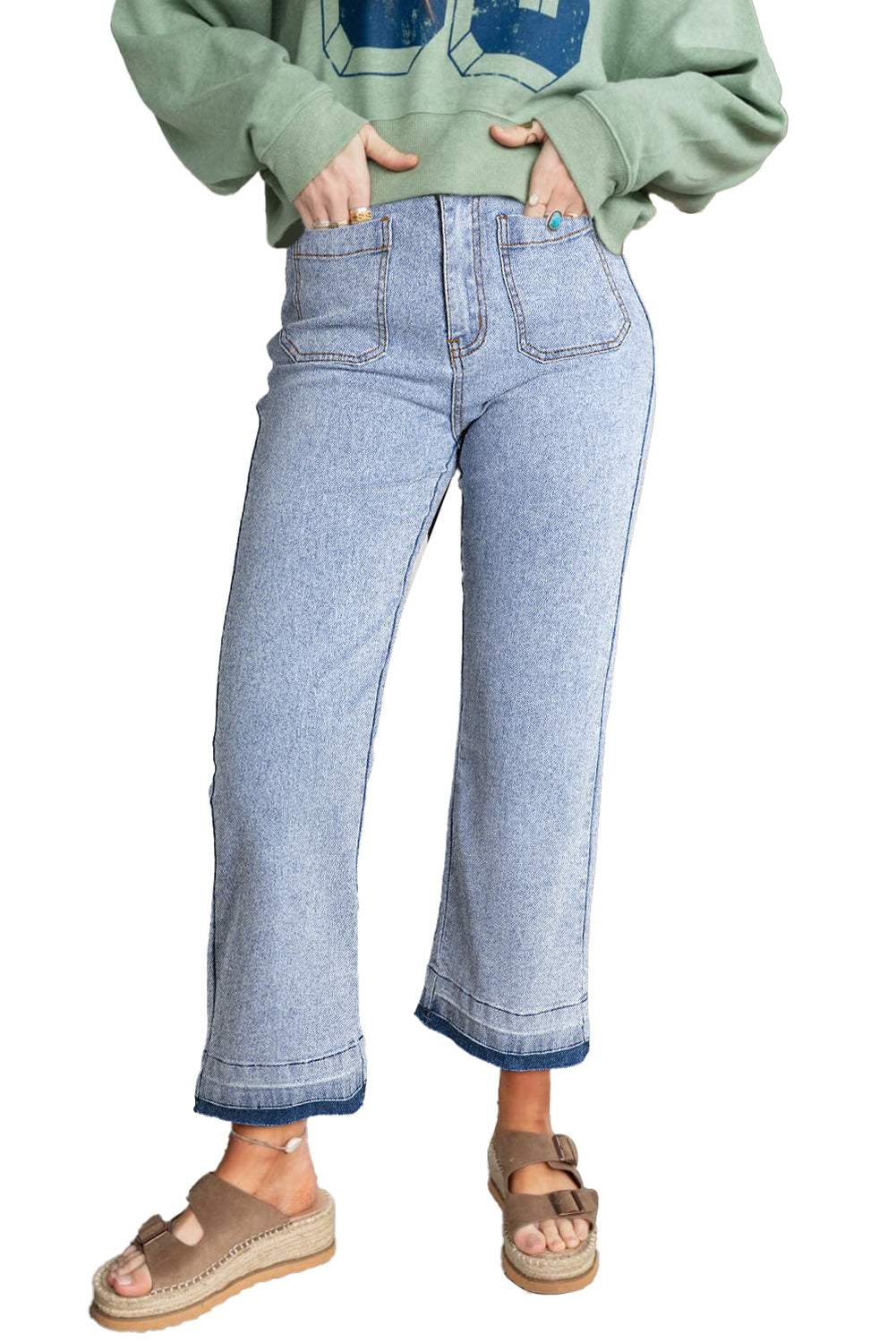 Beau Blue Acid Washed Contrast Hem Pocketed Cropped JeansMaterial:55%Cotton+42%Viscose+3%Elastane




		Straight legs and cropped length for a modern silhouette
	
	
		Contrast edge detailing adds a touch of flair
	
