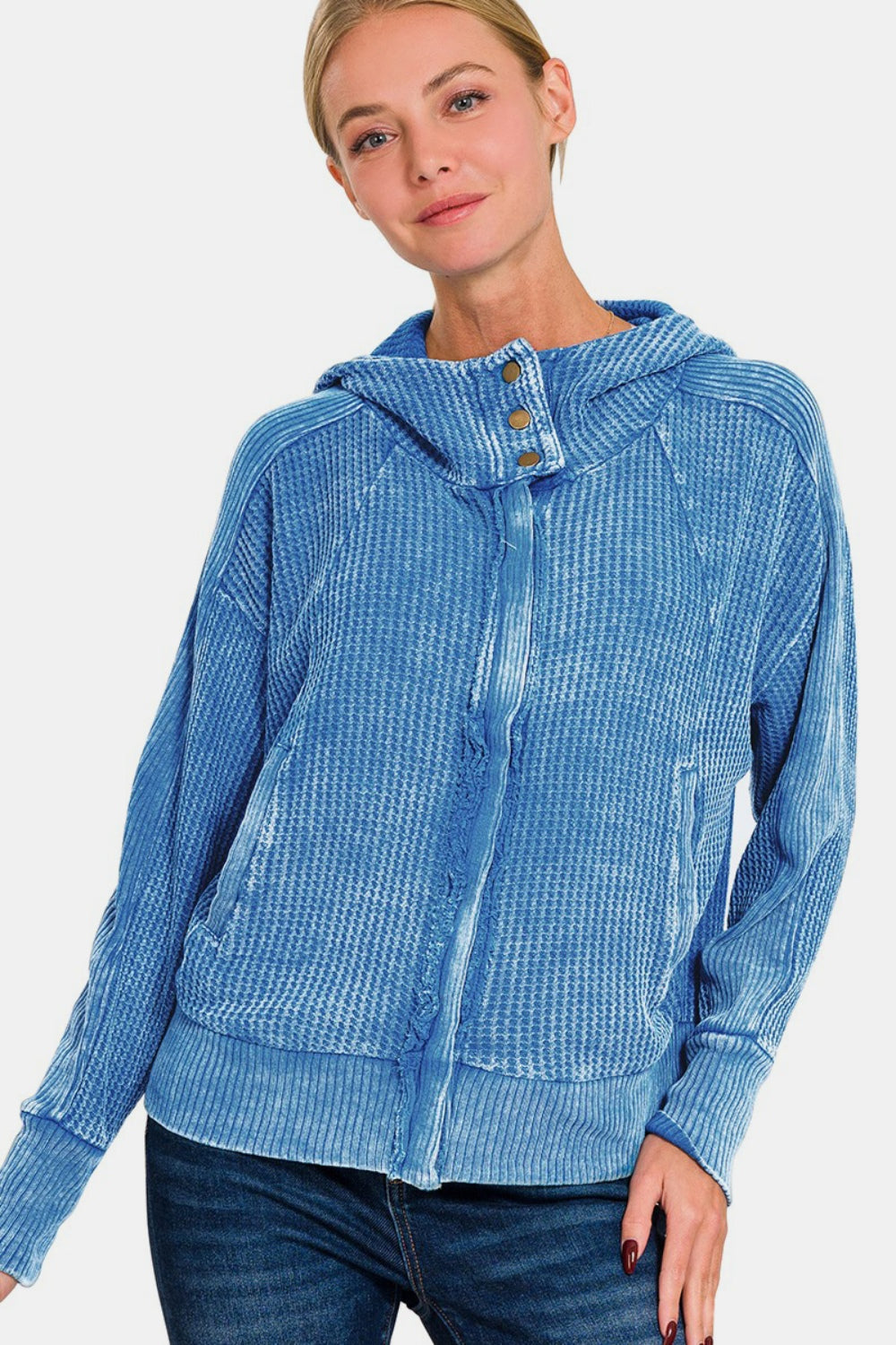 Zenana Washed Zip Up Hooded JacketThis washed zip-up hooded jacket is a stylish and versatile addition to your outerwear collection. The washed finish gives it a trendy and lived-in look that can eas