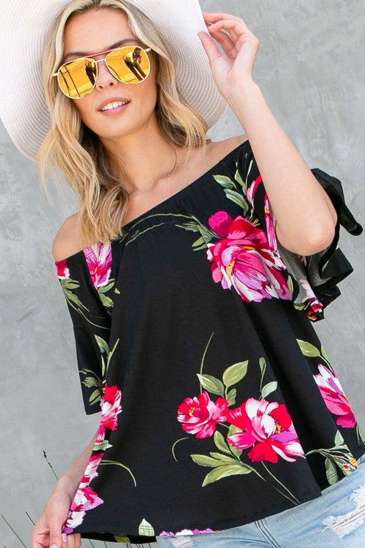 FLORAL OFF SHOULDER TOPFLORAL PRINT JERSEY ELASTICIZED OFF SHOULDER TOP- Floral off shoulder top- Elasticized off shoulder neckline- Ruffle short sleeves- Loose fit- Allover floral print j