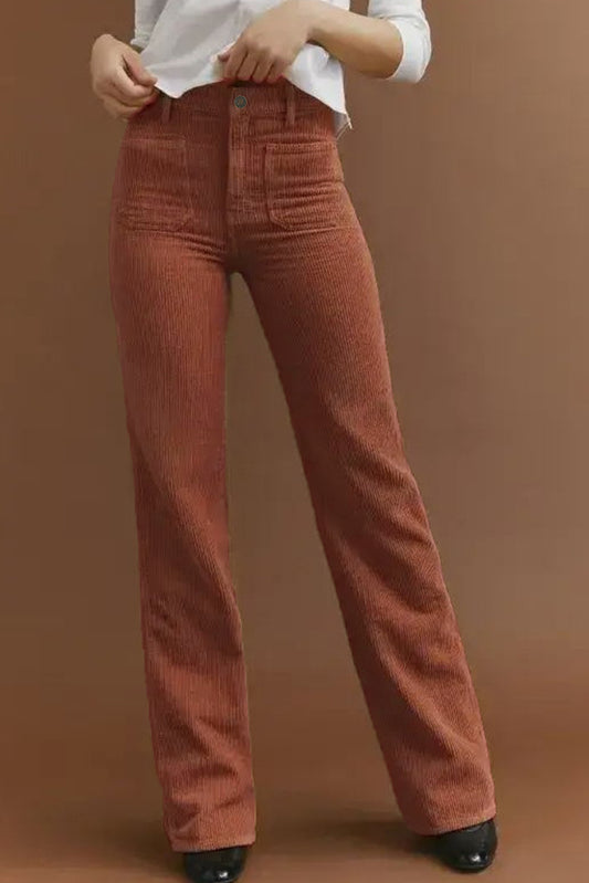 Brown High Waist Pockets Corduroy Flare Leg PantsMaterial:95%POLYESTER+5%ELASTANE



		Designed for daily and casual occasions, these pants are popular among ladies
	
	
		Square pockets at the front add a touc