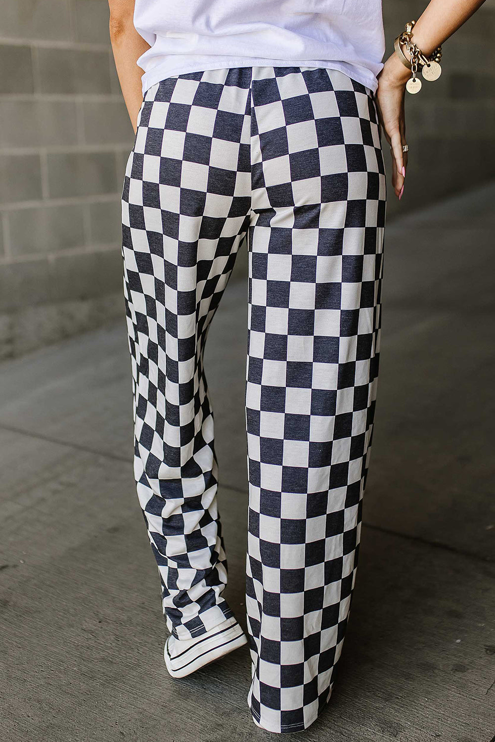 Black Checkered Print High Waist Wide Leg Pants