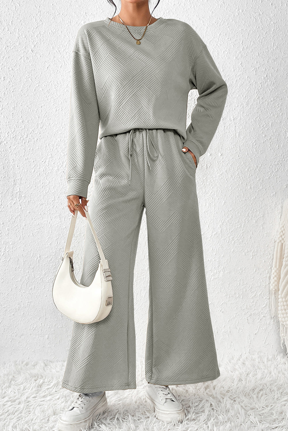 Red Dahlia Textured Loose Slouchy Long Sleeve Top and Pants SetMaterial:95%POLYESTER+5%ELASTANE



		Our Gray Textured Loose Slouchy Long Sleeve Top and Pants Set, a comfortable and stylish ensemble that is perfect for loungin