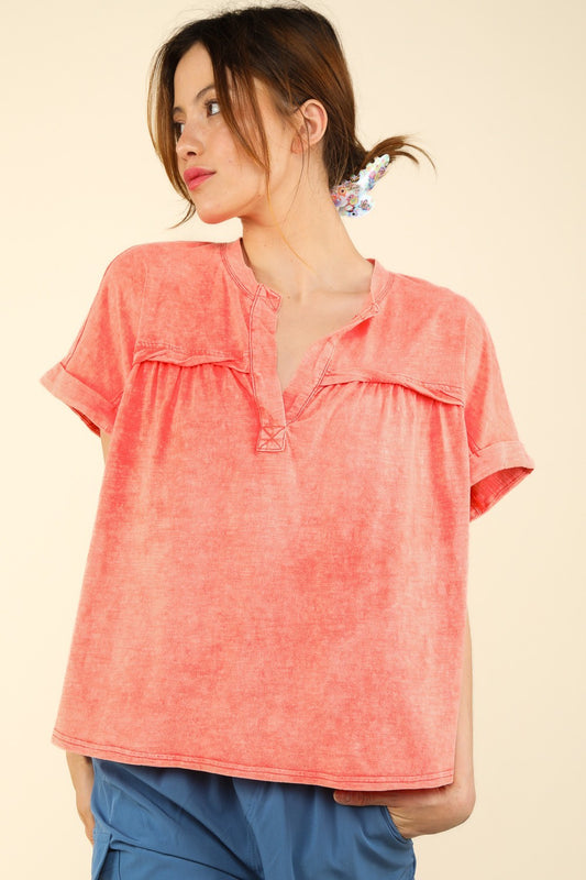 VERY J Nochted Short Sleeve Washed T-ShirtThe Notched Washed Knit Top features a stylish washed knit fabric for a laid-back yet trendy look. The short folded sleeves add a casual touch to the top, perfect fo