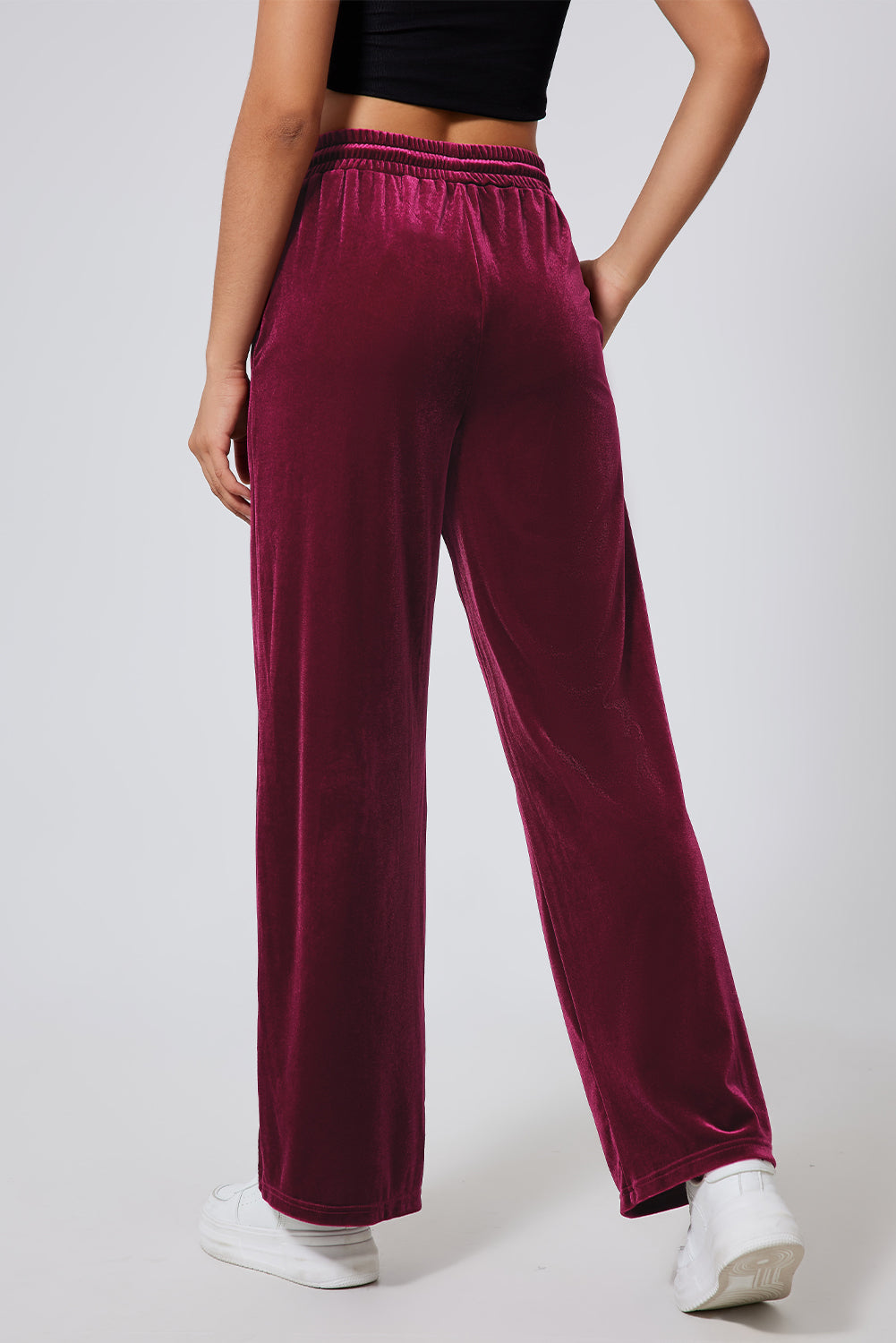 Burgundy Solid Drawstring Waist Wide Leg PantsMaterial:95%Polyester+5%Elastane

• Luxurious burgundy color adds a touch of sophistication to these wide-leg pants, suitable for both casual outings and formal eve