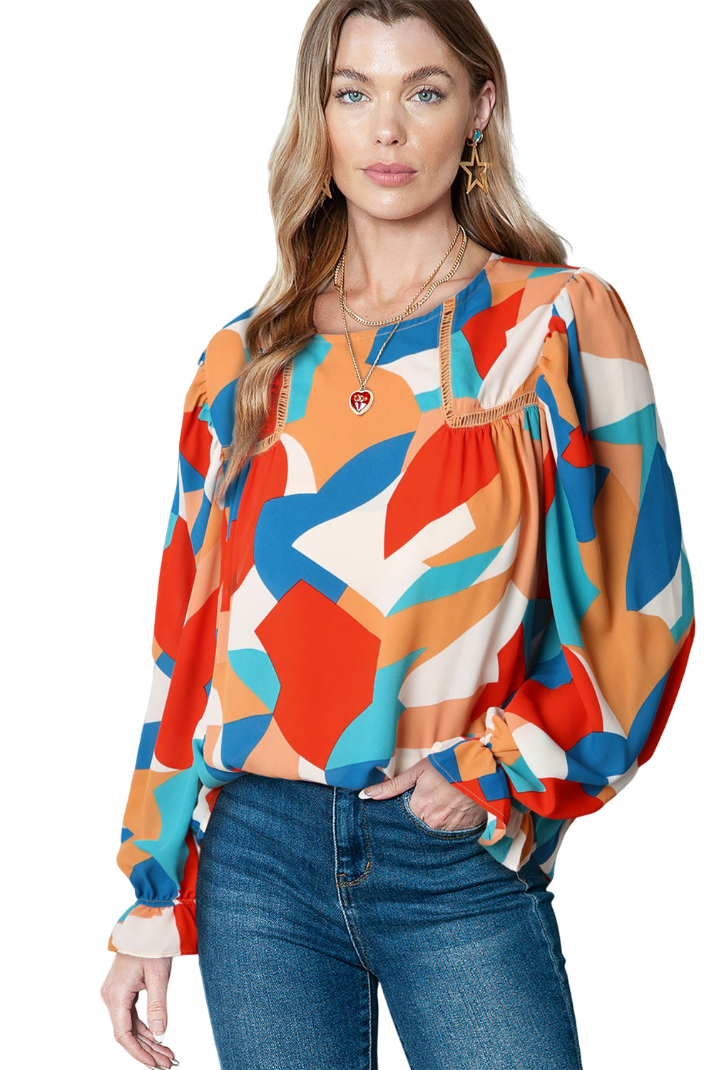 Multicolor Casual Abstract Print Puff Sleeve BlouseMaterial:100%Polyester



		•An artful abstract pattern bursts with bold color on this light and airy blouse.
	
	
		•Highlights: Relaxed fit, long sleeves with 