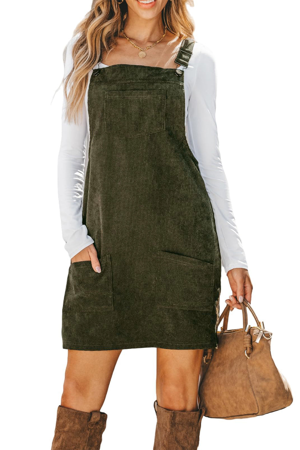 Cinnamon Corduroy Front Pockets Overall Dress